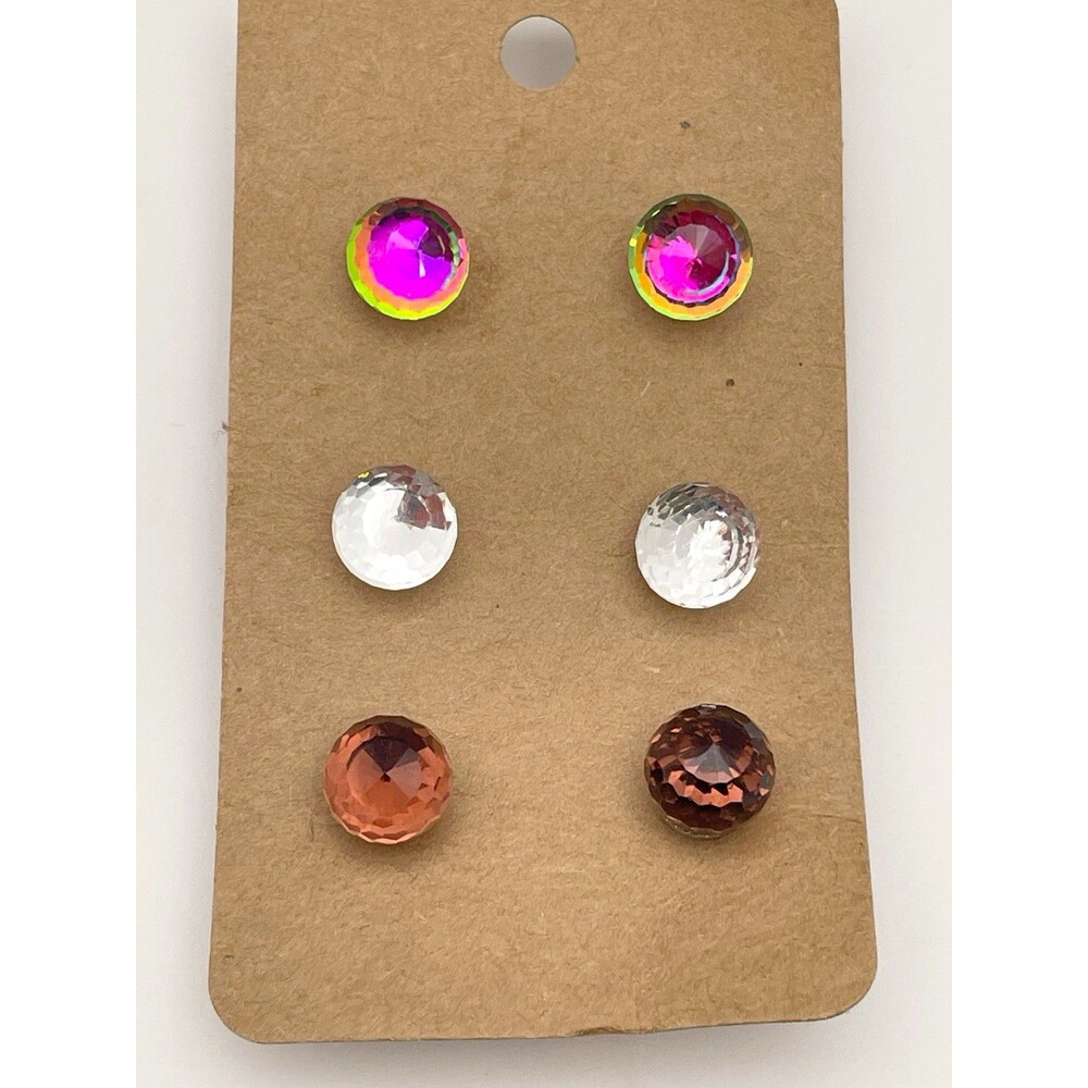 Multicolor Round Acrylic Disco Ball Stud Earrings Set 3 Pairs Brown Clear